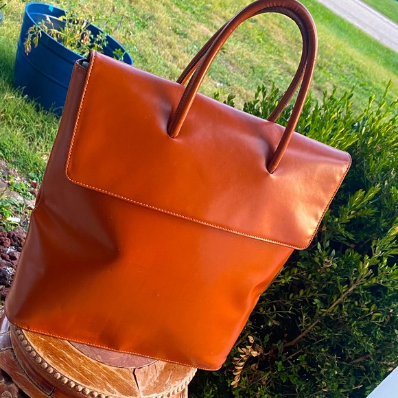💛Henri Bendel Large Orange Saffiano Leather Handbag Shopping Tote Italy Stunning - Picture 1 of 12
